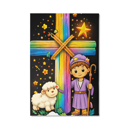 Rainbow Cross Little Shepherd | Christian Gallery Wrapped Canvas | Gift for Kids