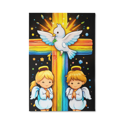 Rainbow Cross Angels And Dove | Christian Gallery Wrapped Canvas | Gift for Kids