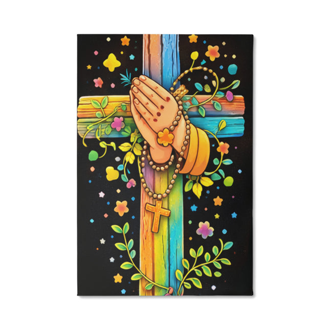 Rainbow Cross Praying Hands | Christian Gallery Wrapped Canvas | Gift for Kids