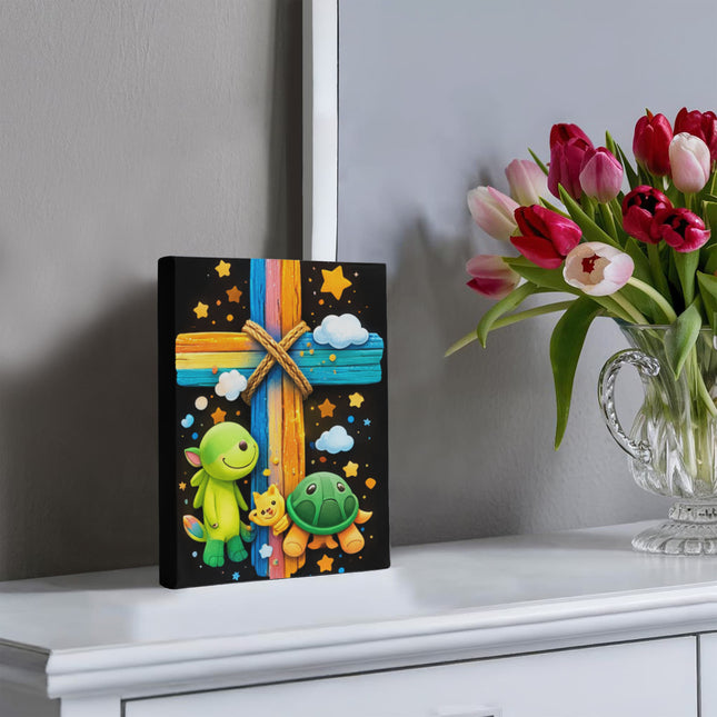 Rainbow Cross Turtle | Christian Gallery Wrapped Canvas | Gift for Kids