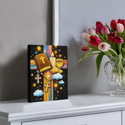 Rainbow Cross Bible And Cross | Christian Gallery Wrapped Canvas | Gift for Kids