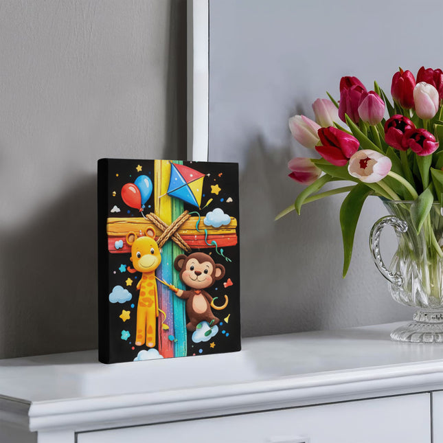 Rainbow Cross Jungle Animals | Christian Gallery Wrapped Canvas | Gift for Kids
