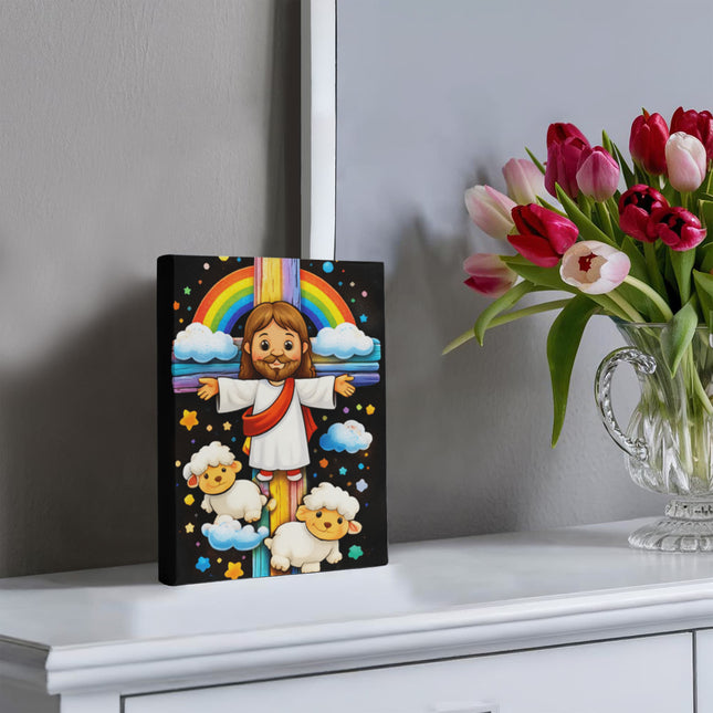 Rainbow Cross Jesus And Lamb | Christian Gallery Wrapped Canvas | Gift for Kids