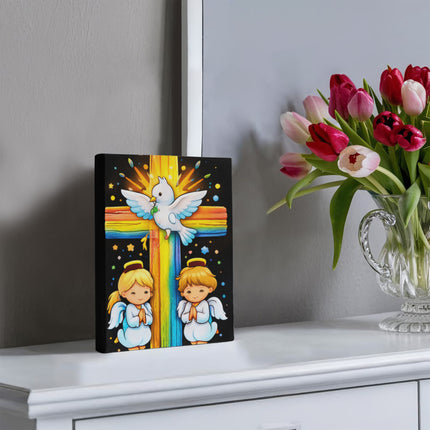 Rainbow Cross Angels And Dove | Christian Gallery Wrapped Canvas | Gift for Kids