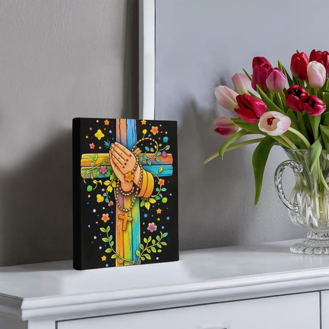 Rainbow Cross Praying Hands | Christian Gallery Wrapped Canvas | Gift for Kids