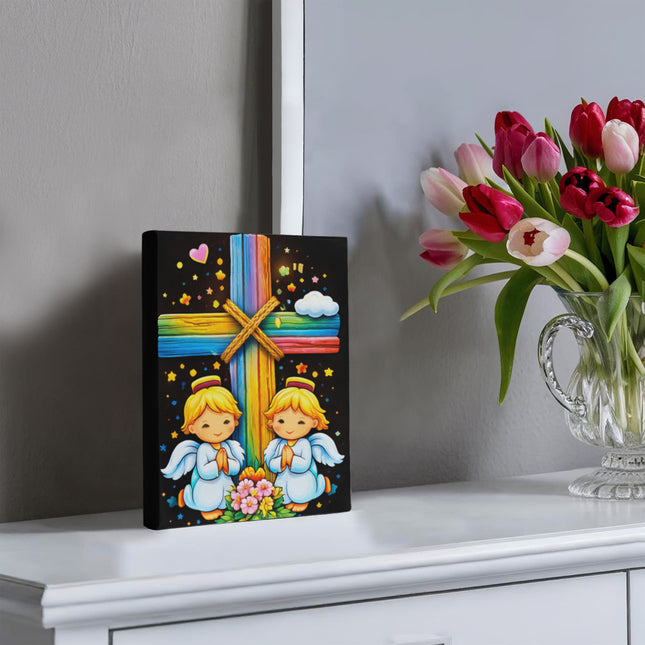 Rainbow Cross Angel Twins | Christian Gallery Wrapped Canvas | Gift for Kids