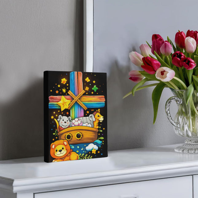 Rainbow Cross Noahs Ark | Christian Gallery Wrapped Canvas | Gift for Kids