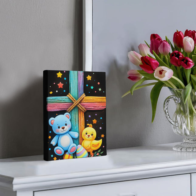 Rainbow Cross Teddy Bear | Christian Gallery Wrapped Canvas | Gift for Kids