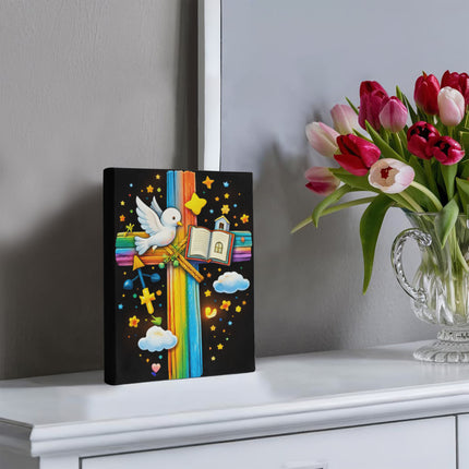 Rainbow Cross Open Bible | Christian Gallery Wrapped Canvas | Gift for Kids