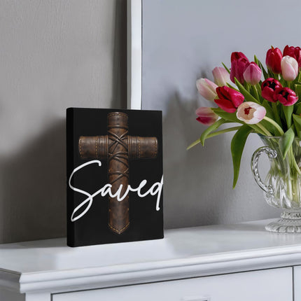 Saved Leather Cross Canvas Wall Art – Christian Gift for Men