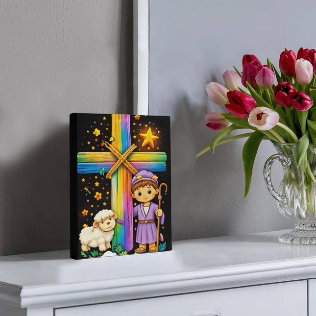 Rainbow Cross Little Shepherd | Christian Gallery Wrapped Canvas | Gift for Kids