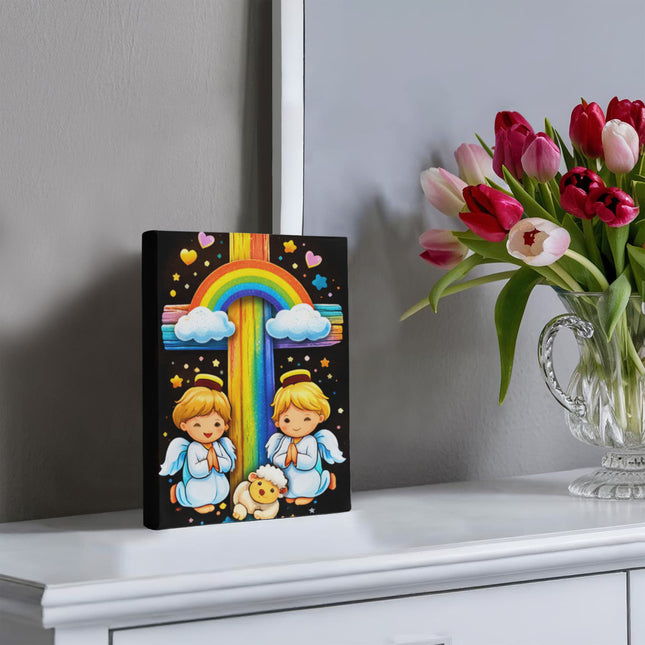 Rainbow Cross Cherub Angels | Christian Gallery Wrapped Canvas | Gift for Kids