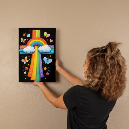 Rainbow Cross Butterfly | Christian Gallery Wrapped Canvas | Gift for Kids