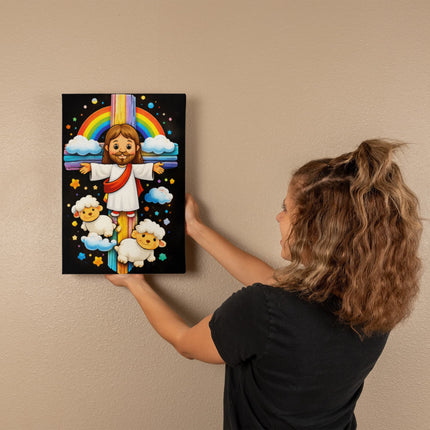 Rainbow Cross Jesus And Lamb | Christian Gallery Wrapped Canvas | Gift for Kids