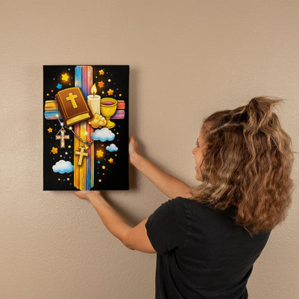 Rainbow Cross Bible And Cross | Christian Gallery Wrapped Canvas | Gift for Kids