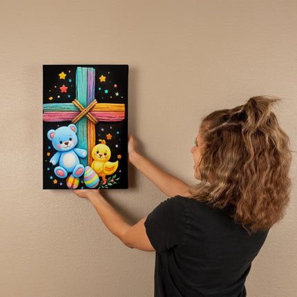 Rainbow Cross Teddy Bear | Christian Gallery Wrapped Canvas | Gift for Kids