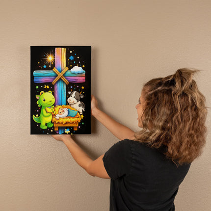 Rainbow Cross Frog And Cow | Christian Gallery Wrapped Canvas | Gift for Kids