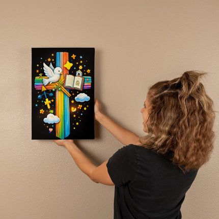 Rainbow Cross Open Bible | Christian Gallery Wrapped Canvas | Gift for Kids