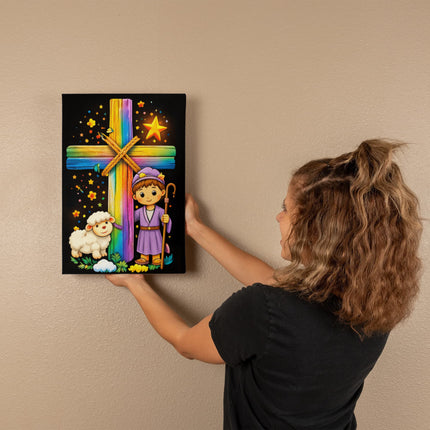 Rainbow Cross Little Shepherd | Christian Gallery Wrapped Canvas | Gift for Kids