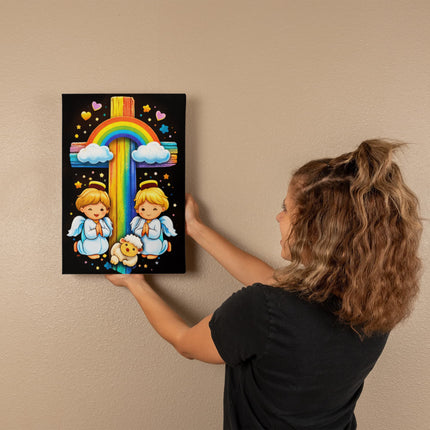 Rainbow Cross Cherub Angels | Christian Gallery Wrapped Canvas | Gift for Kids