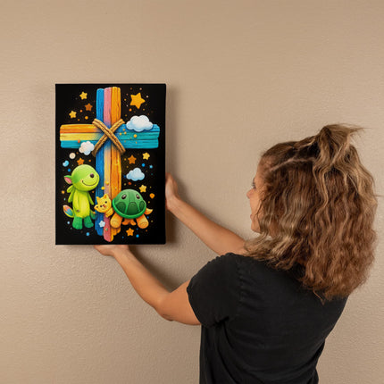 Rainbow Cross Turtle | Christian Gallery Wrapped Canvas | Gift for Kids