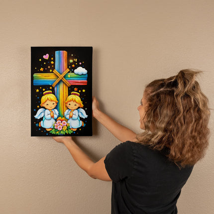 Rainbow Cross Angel Twins | Christian Gallery Wrapped Canvas | Gift for Kids