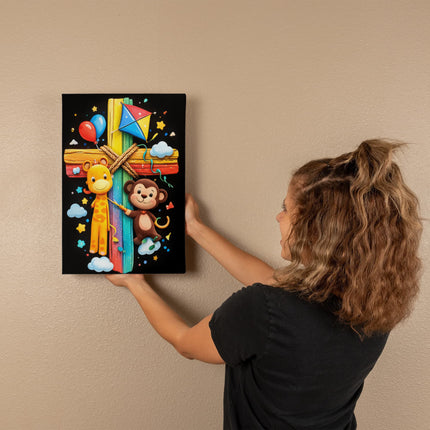 Rainbow Cross Jungle Animals | Christian Gallery Wrapped Canvas | Gift for Kids
