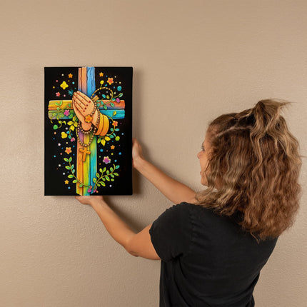 Rainbow Cross Praying Hands | Christian Gallery Wrapped Canvas | Gift for Kids