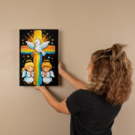 Rainbow Cross Angels And Dove | Christian Gallery Wrapped Canvas | Gift for Kids