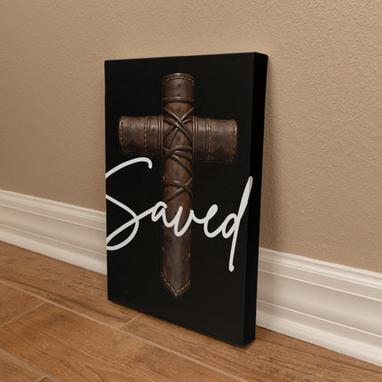 Saved Leather Cross Canvas Wall Art – Christian Gift for Men