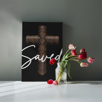 Saved Leather Cross Canvas Wall Art – Christian Gift for Men