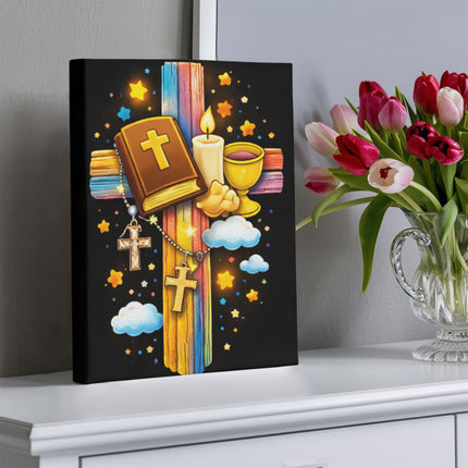 Rainbow Cross Bible And Cross | Christian Gallery Wrapped Canvas | Gift for Kids