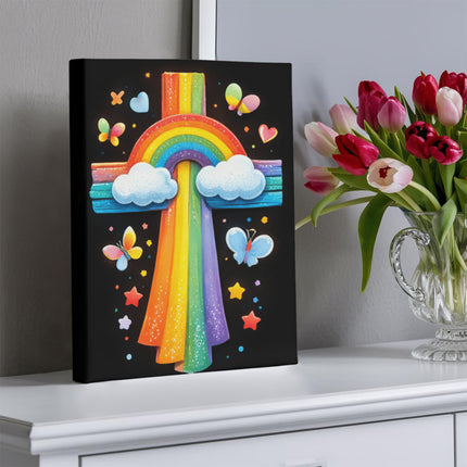 Rainbow Cross Butterfly | Christian Gallery Wrapped Canvas | Gift for Kids