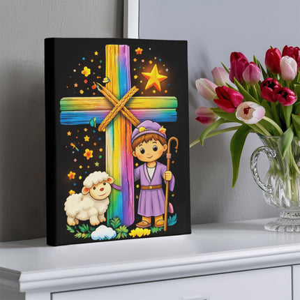Rainbow Cross Little Shepherd | Christian Gallery Wrapped Canvas | Gift for Kids