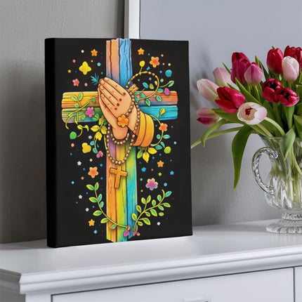Rainbow Cross Praying Hands | Christian Gallery Wrapped Canvas | Gift for Kids