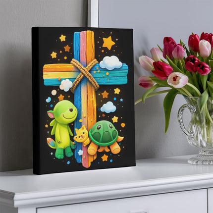 Rainbow Cross Turtle | Christian Gallery Wrapped Canvas | Gift for Kids