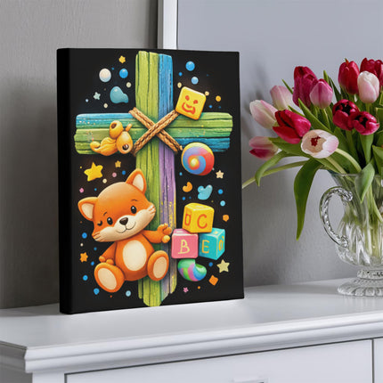 Rainbow Cross Little Fox | Christian Gallery Wrapped Canvas | Gift for Kids