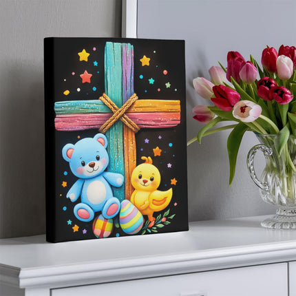 Rainbow Cross Teddy Bear | Christian Gallery Wrapped Canvas | Gift for Kids