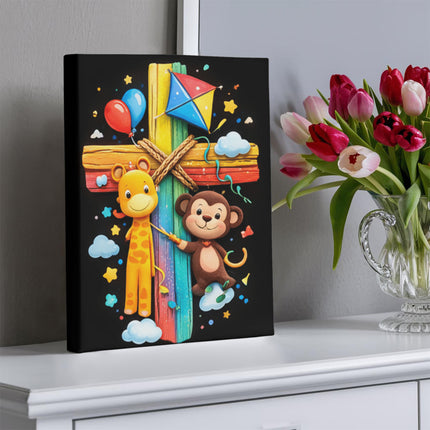 Rainbow Cross Jungle Animals | Christian Gallery Wrapped Canvas | Gift for Kids