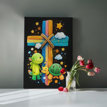 Rainbow Cross Turtle | Christian Gallery Wrapped Canvas | Gift for Kids