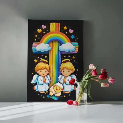 Rainbow Cross Cherub Angels | Christian Gallery Wrapped Canvas | Gift for Kids