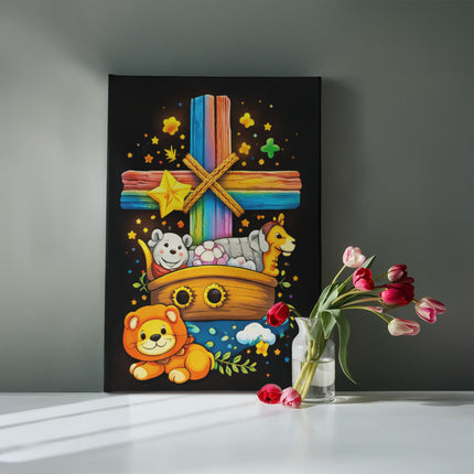 Rainbow Cross Noahs Ark | Christian Gallery Wrapped Canvas | Gift for Kids
