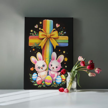 Rainbow Cross Bunnies | Christian Gallery Wrapped Canvas | Gift for Kids