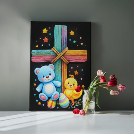 Rainbow Cross Teddy Bear | Christian Gallery Wrapped Canvas | Gift for Kids