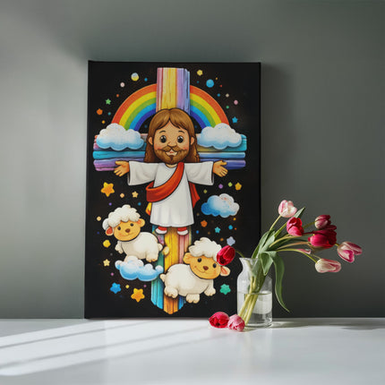 Rainbow Cross Jesus And Lamb | Christian Gallery Wrapped Canvas | Gift for Kids