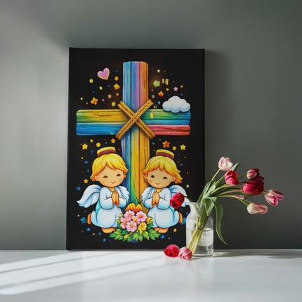 Rainbow Cross Angel Twins | Christian Gallery Wrapped Canvas | Gift for Kids