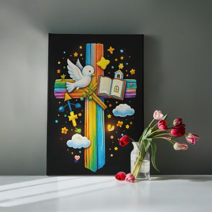 Rainbow Cross Open Bible | Christian Gallery Wrapped Canvas | Gift for Kids