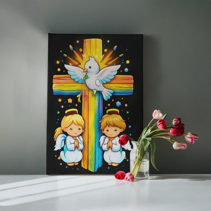 Rainbow Cross Angels And Dove | Christian Gallery Wrapped Canvas | Gift for Kids