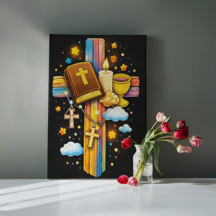 Rainbow Cross Bible And Cross | Christian Gallery Wrapped Canvas | Gift for Kids