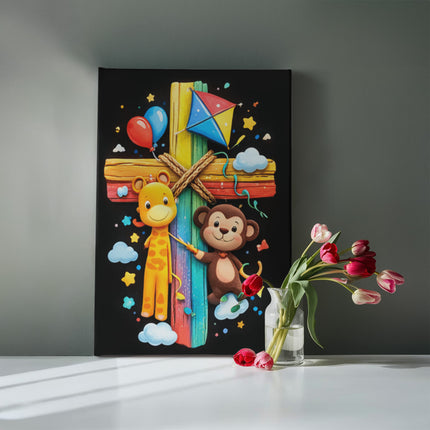Rainbow Cross Jungle Animals | Christian Gallery Wrapped Canvas | Gift for Kids
